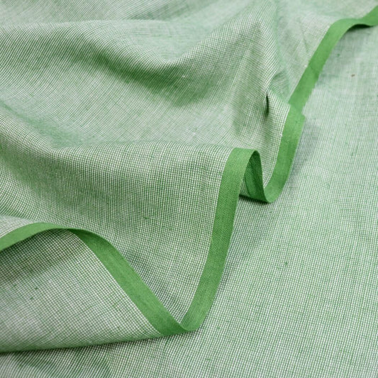 green and white yarn dyed micro check handloom cotton fabric
