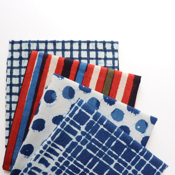 indigo dyed and alizarin hand block printed cotton fabric