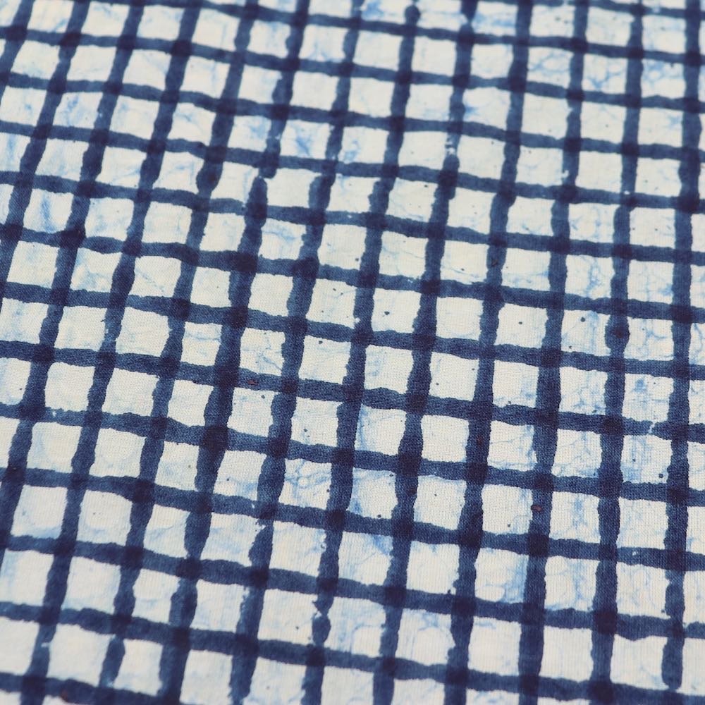 indigo grid hand printed cotton fabric