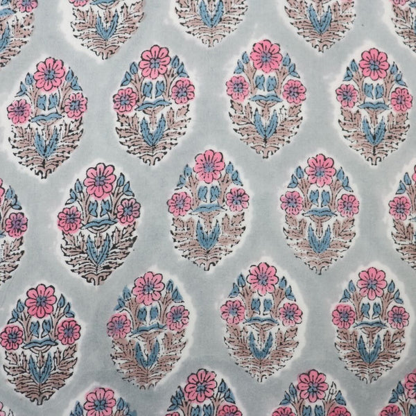 gray and pink floral block print cotton fabric