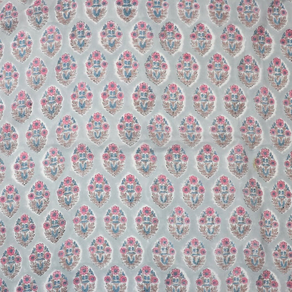 gray and pink floral block print cotton fabric