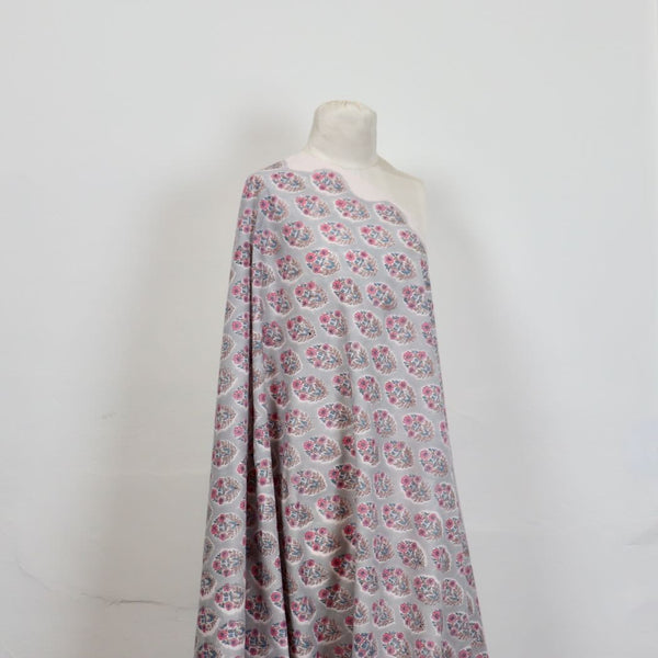 gray and pink floral block print cotton fabric