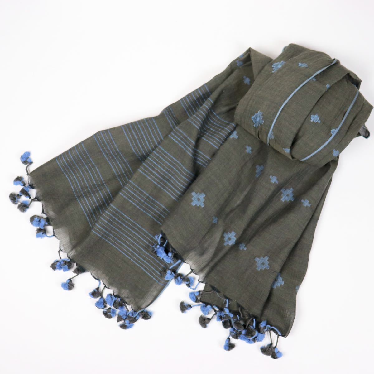 indigo and gray handwoven cotton scarf