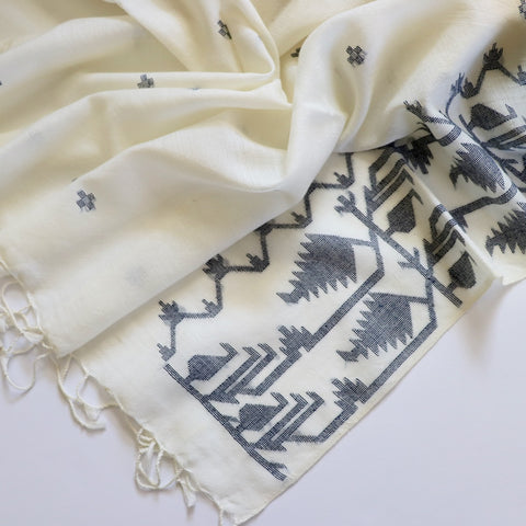 handloom jamdani wool shawl with indigo leaf design
