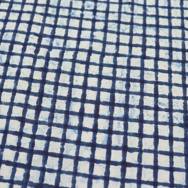 indigo grid hand printed cotton fabric