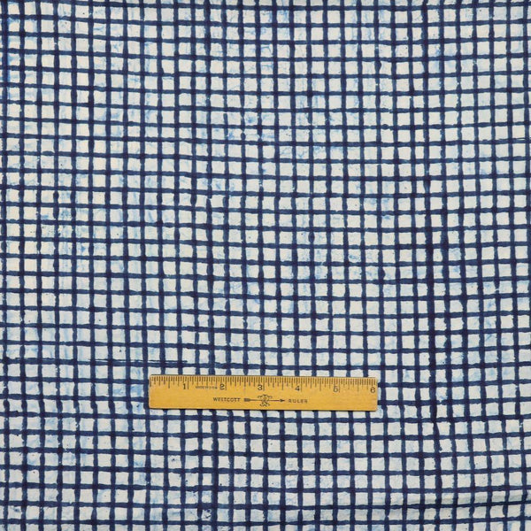 indigo grid hand printed cotton fabric