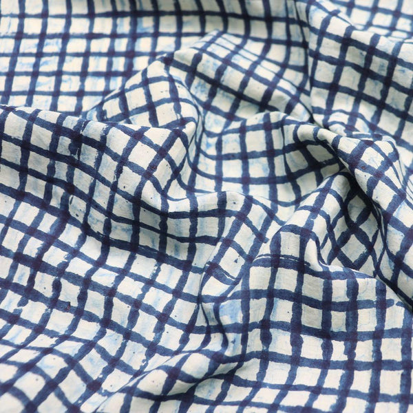 indigo grid hand printed cotton fabric