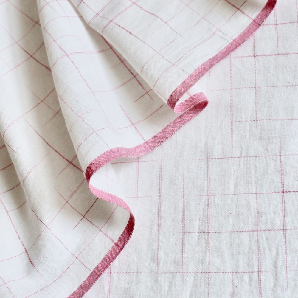 pink and white checked handloom cotton fabric