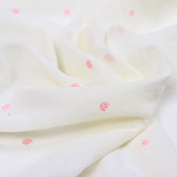 pink dots on white cotton jamdani fabric