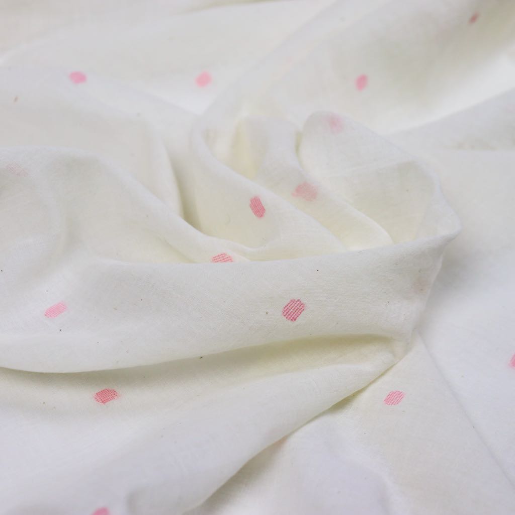 pink dots on white cotton jamdani fabric