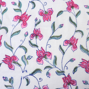 pink iris hand block printed cotton fabric