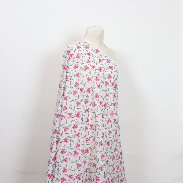 pink iris hand block printed cotton fabric