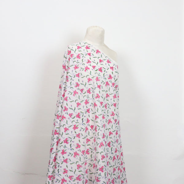 pink iris hand block printed cotton fabric