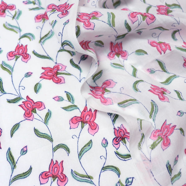 pink iris hand block printed cotton fabric