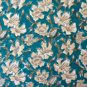 blue and beige floral block print fabric