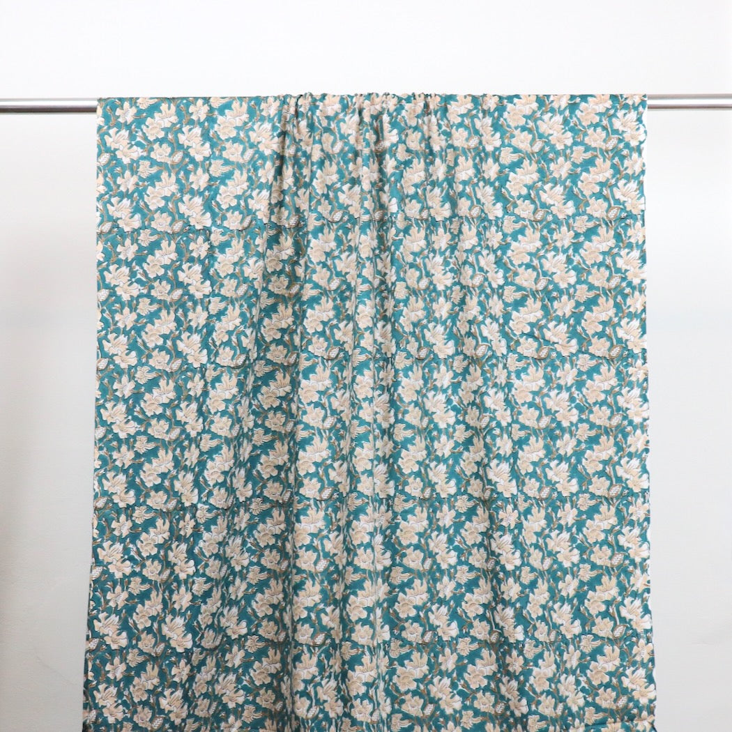 blue and beige floral block print fabric