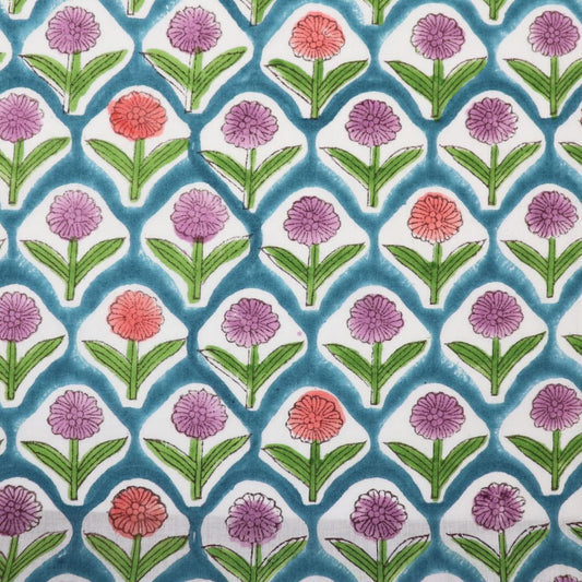 bright floral block print cotton fabric