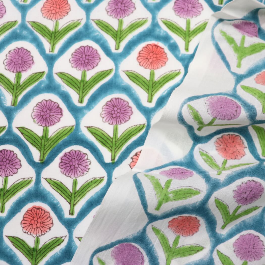 bright floral block print cotton fabric